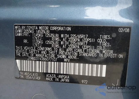 2008 Toyota Rav4 Limited z USA, uszkodzony, nr VIN JTMBD31V386077107